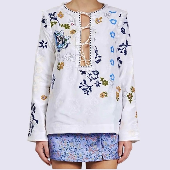 Elliette New Silk Penny Floral Embroidered Beaded Blouse French Designer - Picture 1 of 14